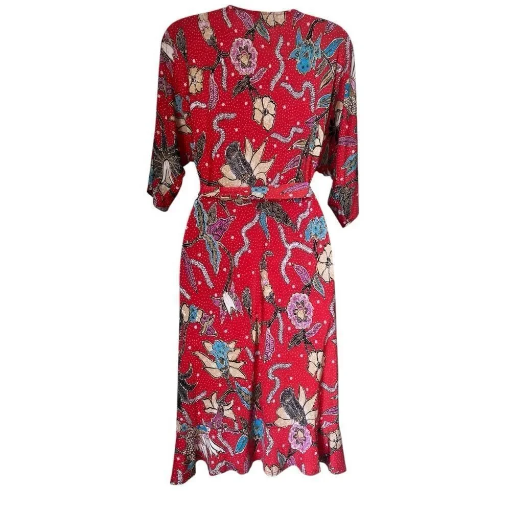 Veronica M Red Floral Wrap Midi Dress Sz XS